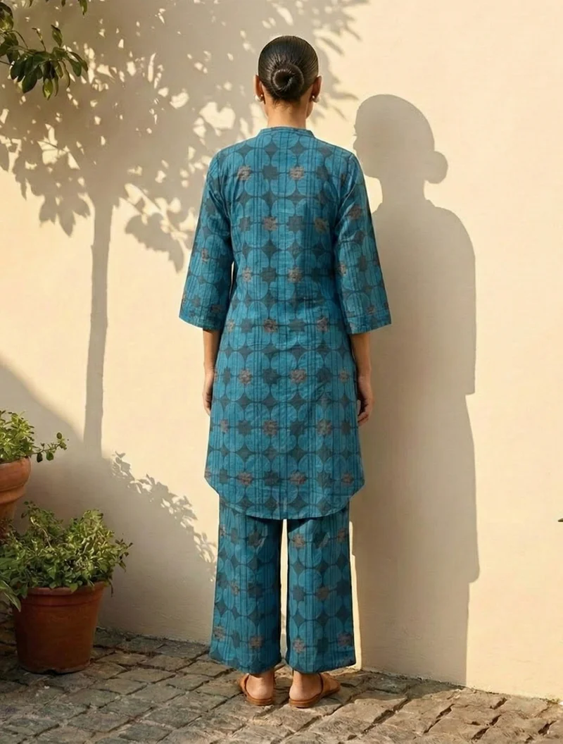 ترو برونز trueBrowns Blue Geometric Print Kurta Pant Set